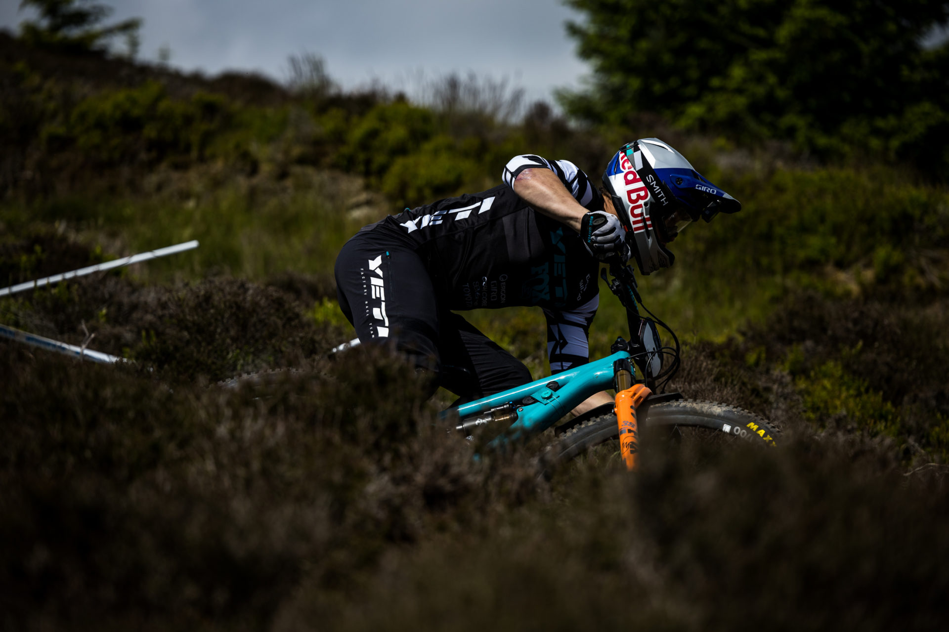 Endurosyklist i full fart gjennom lyngen